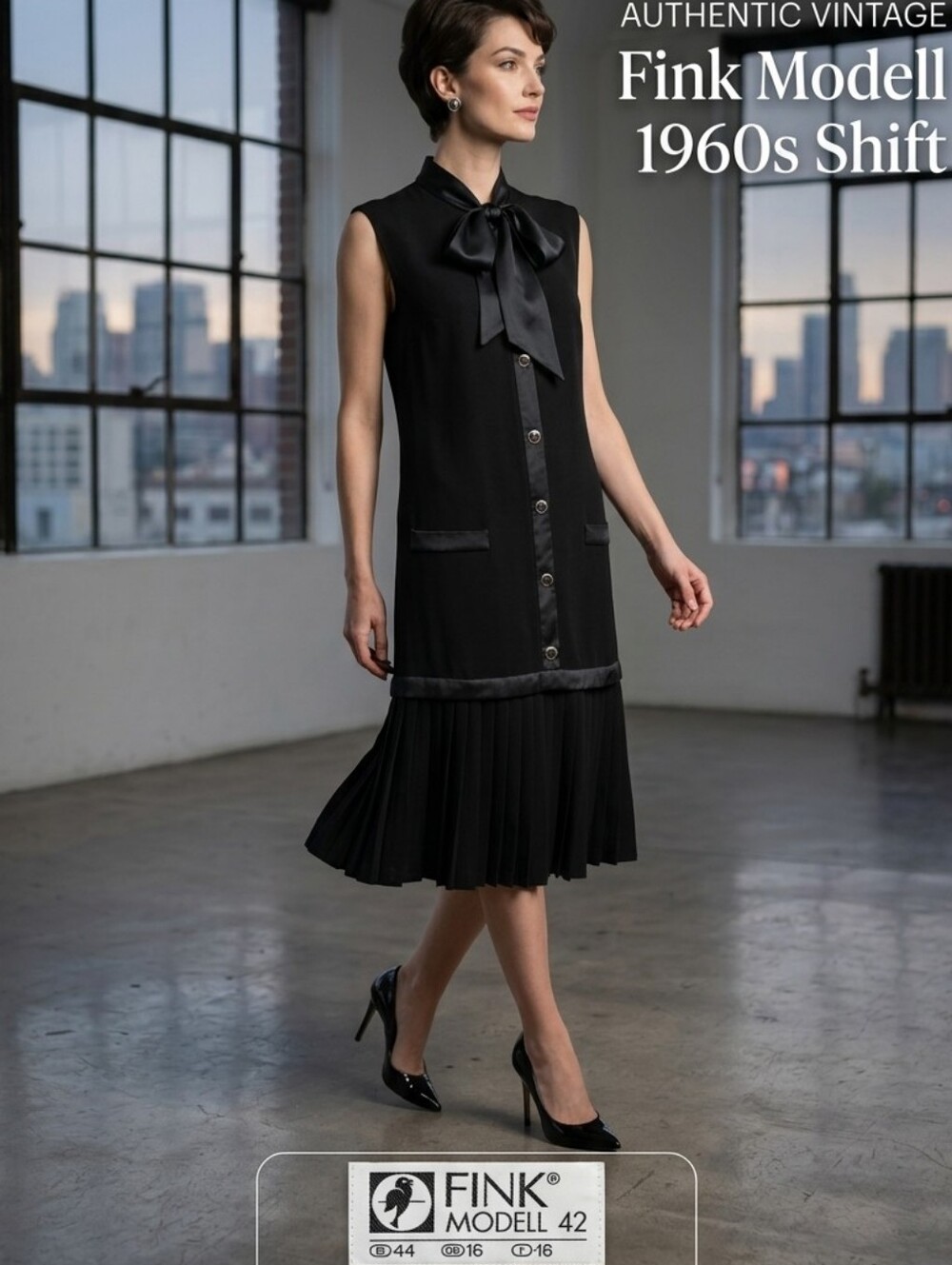Fink Modell Vintage 60s Black Pleated Midi Dress w/ Satin Bow & Faux Pockets